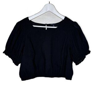 Torrid Black Seersucker Smocked Cropped Short Puff-Sleeve Blouse, Size 0